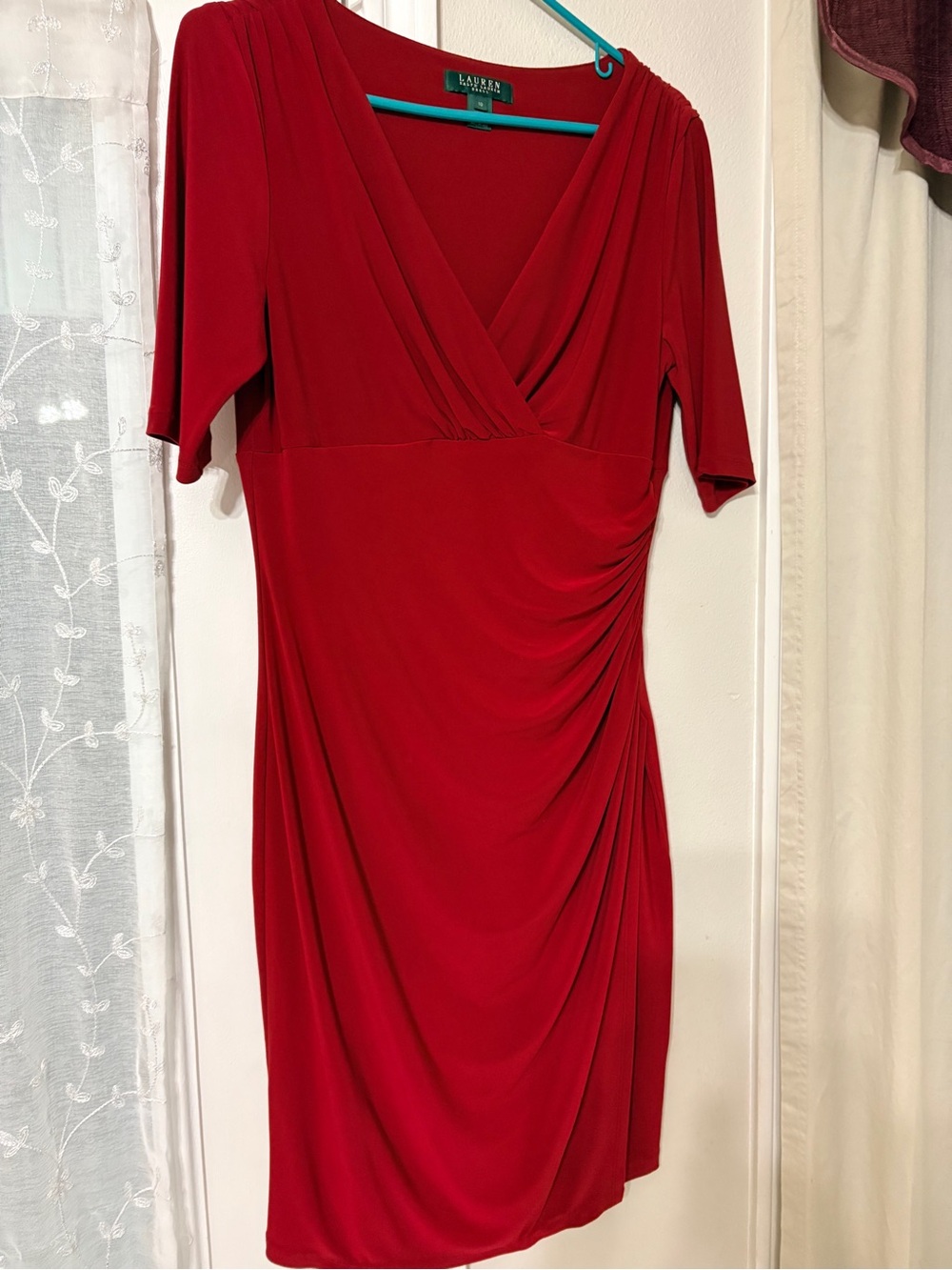 💙Ralph Lauren Red Faux-Wrap Ruched Midi Dress